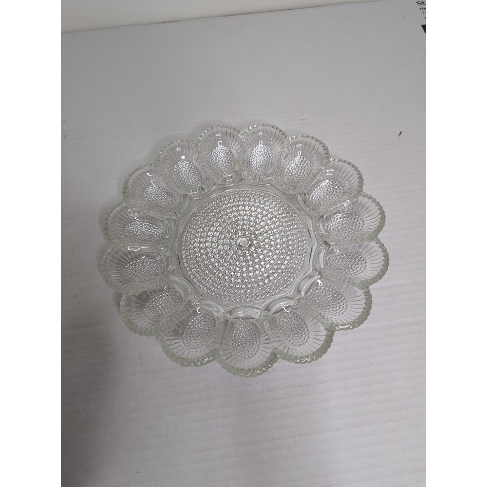 Vintage 11" Clear Indiana Glass 15 Deviled Egg Dish Platter Dewdrop Hobnail USA